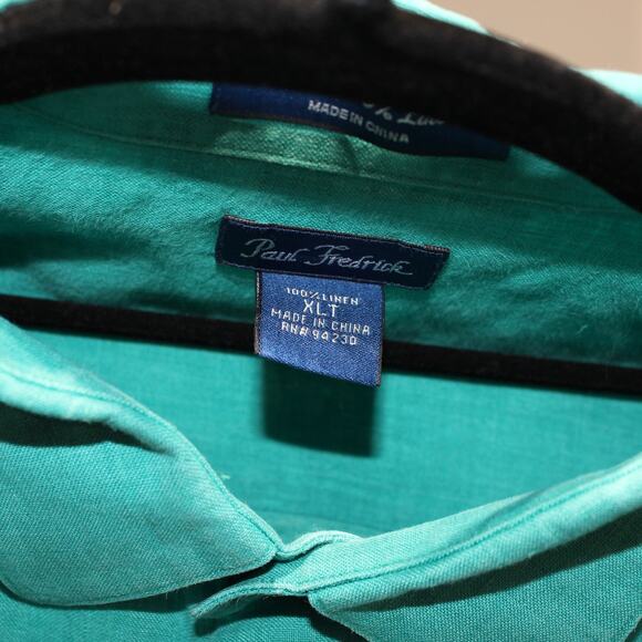 Vintage Paul Fredrick 100% Linen Button Up Blouse Teal Green XLT - Picture 7 of 7